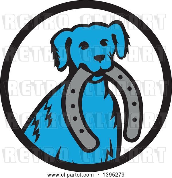 Vector Clip Art of Retro Cartoon Blue Dog Sitting with a Horseshoe in His Mouth Inside a Circle