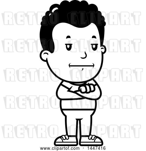 Vector Clip Art of Retro Cartoon Bored or Stubborn Black Boy Standing with Folded Arms