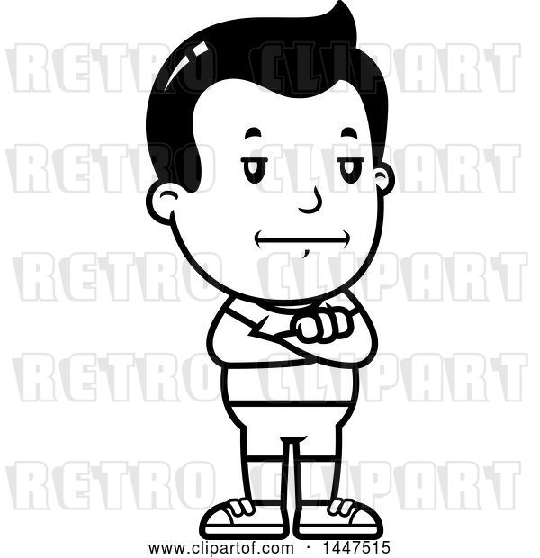 Vector Clip Art of Retro Cartoon Bored or Stubborn Boy in Shorts, Standing with Folded Arms