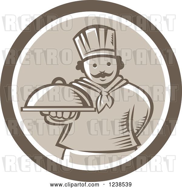 Vector Clip Art of Retro Cartoon Brown Woodcut Chef Holding out a Cloche Platter in a Circle