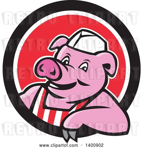 Vector Clip Art of Retro Cartoon Butcher Pig Leaning out of a Black White and Red Circle