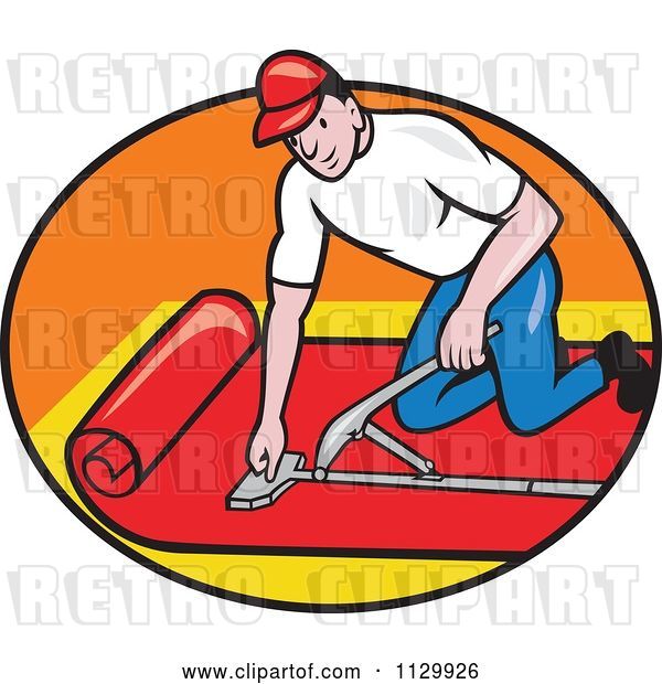 Vector Clip Art of Retro Cartoon Carpet Layer Worker in an Oval