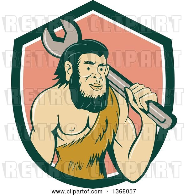 Vector Clip Art of Retro Cartoon Caveman Mechanic Holding a Giant Spanner Wrench over His Shoulder in a Shield