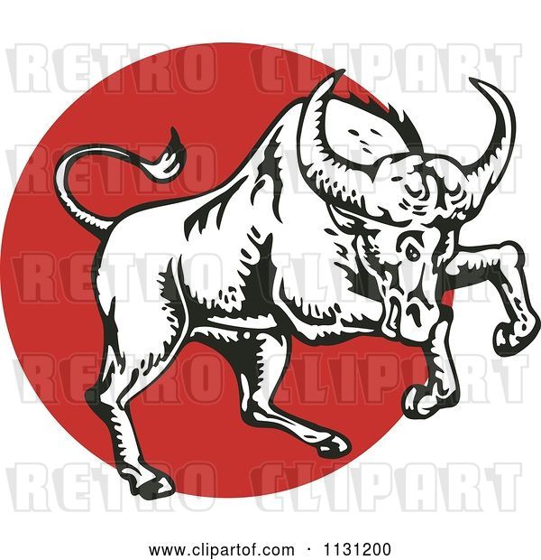 Vector Clip Art of Retro Cartoon Charging Bull in over a Red Circle