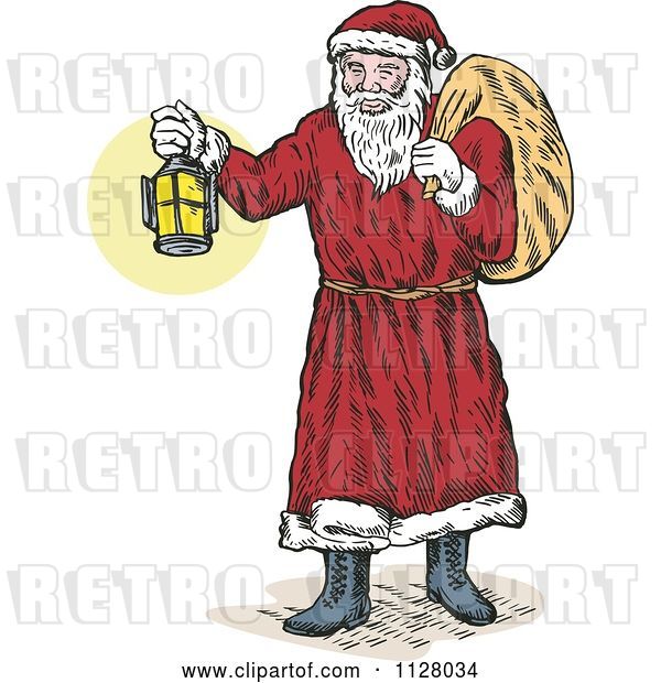 Vector Clip Art of Retro Cartoon Christmas Santa Claus Holding out a Lantern and Carrying a Bag