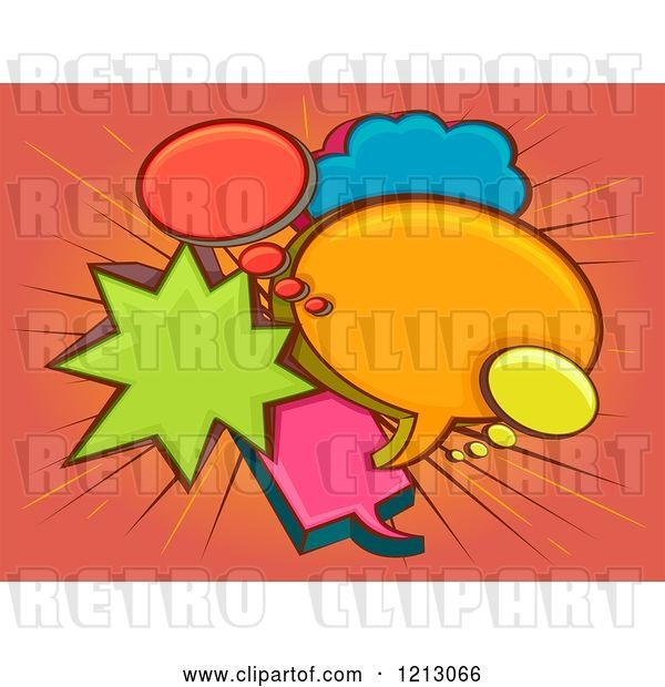 Vector Clip Art of Retro Cartoon Colorful Speech and Thought Bubbles over Rays