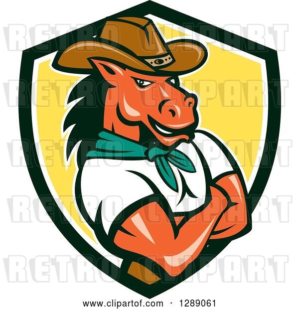 Vector Clip Art of Retro Cartoon Cowboy Sheriff Horse Guy with Folded Arms in a Black White and Yellow Shield