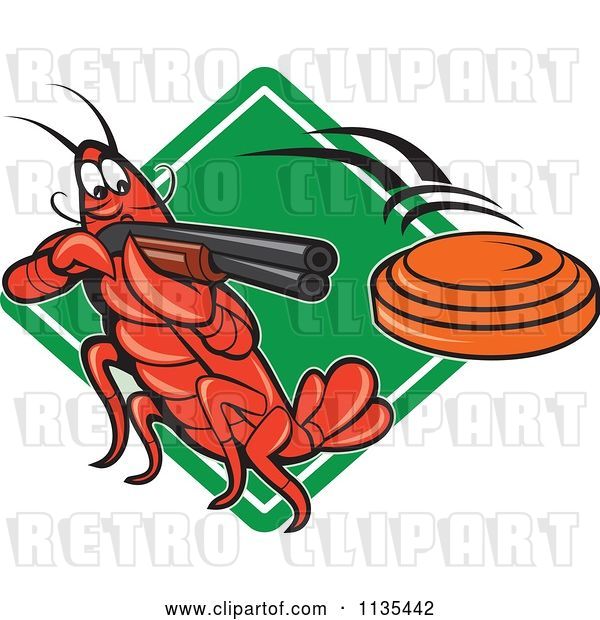 Vector Clip Art of Retro Cartoon Crayfish Skeet Target Shooting over a Diamond