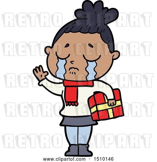 Vector Clip Art of Retro Cartoon Crying Lady with Christmas Gift