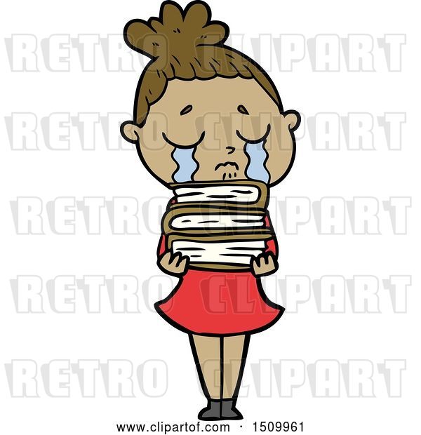 Vector Clip Art of Retro Cartoon Crying Lady with Stack of Books