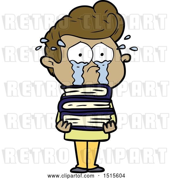 Vector Clip Art of Retro Cartoon Crying Student with Stack of Books