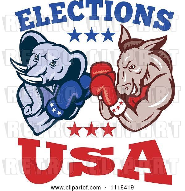Vector Clip Art of Retro Cartoon Democratic Donkey and Republican Elephant Boxing with Elections USA Text