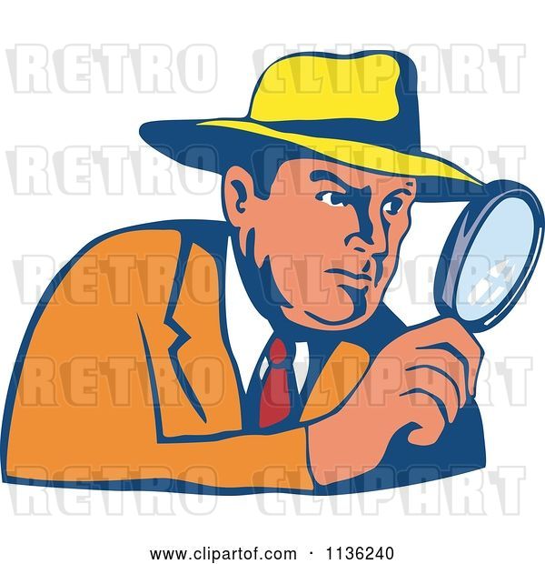 Vector Clip Art of Retro Cartoon Detective Peering Through a Magnifying Glass