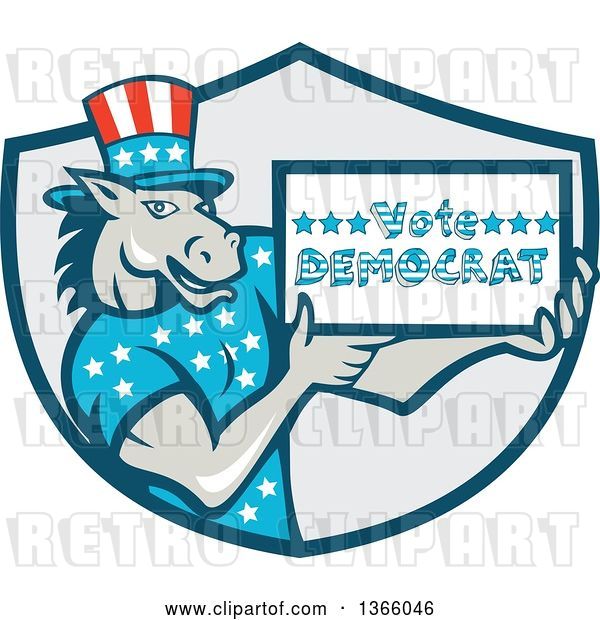 Vector Clip Art of Retro Cartoon Donkey Wearing a Top Hat and Holding a Vote Democrat Sign in a Shield