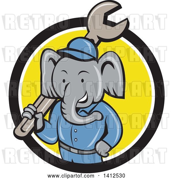 Vector Clip Art of Retro Cartoon Elephant Guy Mechanic Holding a Giant Spanner Wrench, Emerging from a Black White and Yellow Circle