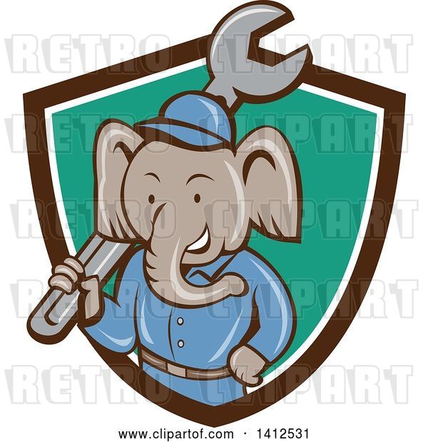 Vector Clip Art of Retro Cartoon Elephant Guy Mechanic Holding a Giant Spanner Wrench, Emerging from a Brown White and Turquoise Shield