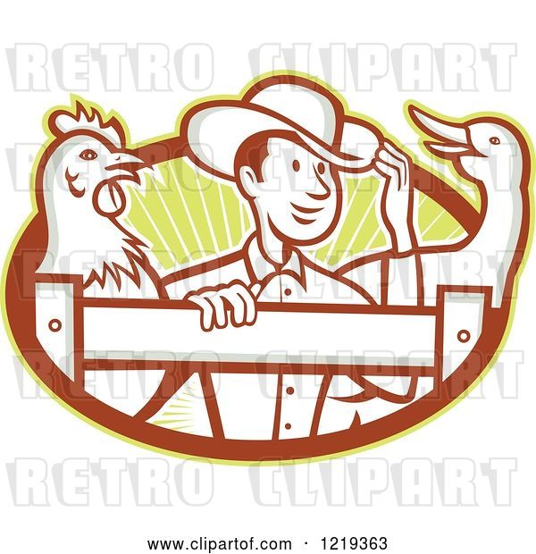 Vector Clip Art of Retro Cartoon Farmer with a Goose and Rooster at a Fence over Rays