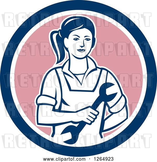 Vector Clip Art of Retro Cartoon Female Mechanic Holding a Wrench in a Blue White and Pink Circle