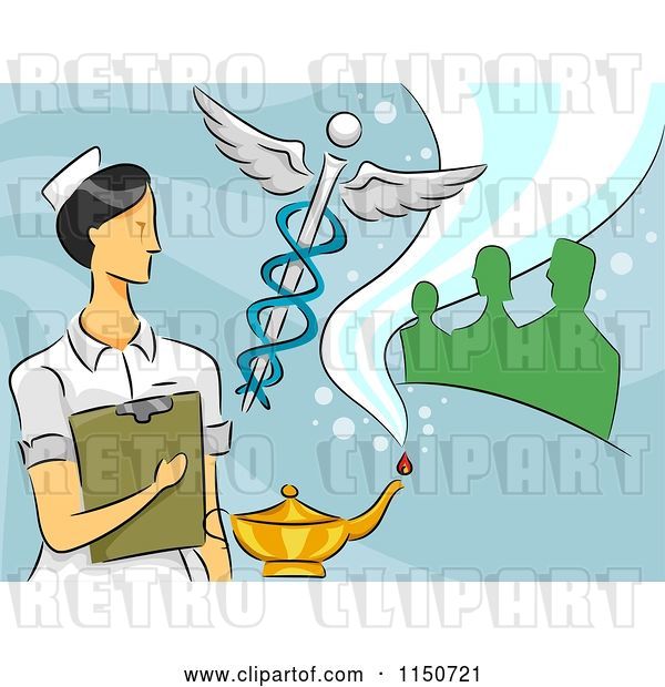 Vector Clip Art of Retro Cartoon Female Nurse with a Caduceus Oil Lamp and People