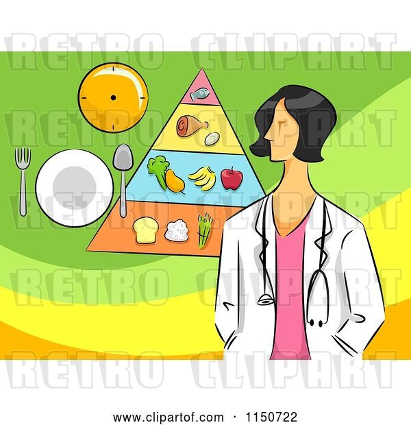 Vector Clip Art of Retro Cartoon Female Nutritionist with a Food Pyramid