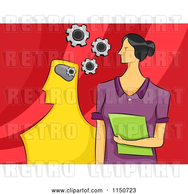 Vector Clip Art of Retro Cartoon Female Psychologist with Gears and a Model