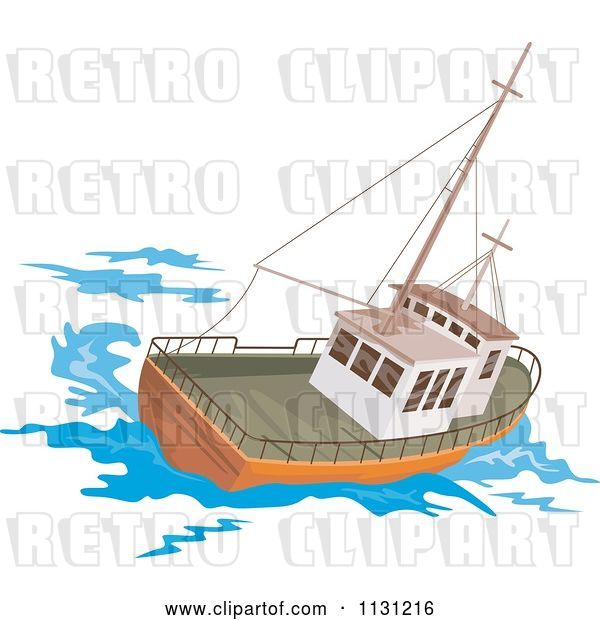Vector Clip Art of Retro Cartoon Fishing Boat at Sea