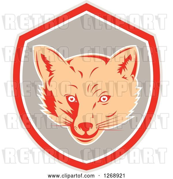 Vector Clip Art of Retro Cartoon Fox Face in a Gray Red and White Shield