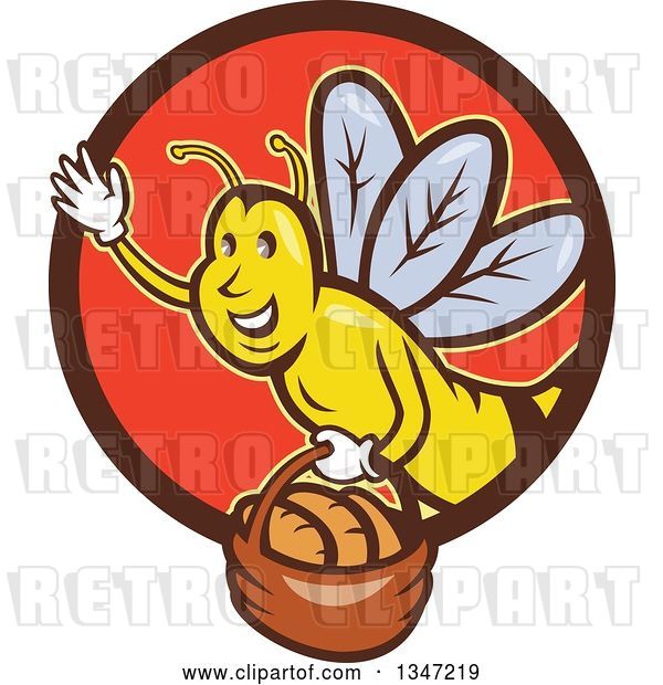 Vector Clip Art of Retro Cartoon Friendly Bee Flying with a Bread Basket in a Brown and Red Circle