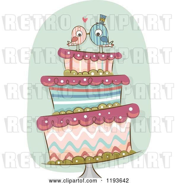 Vector Clip Art of Retro Cartoon Funky Wedding Cake with Kissing Bride and Groom Birds on Top