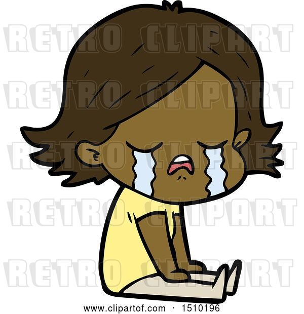 Vector Clip Art of Retro Cartoon Girl Crying Sat on Floor