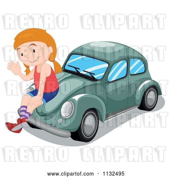Vector Clip Art of Retro Cartoon Girl Waving and Sitting on a Green Slug Bug Car