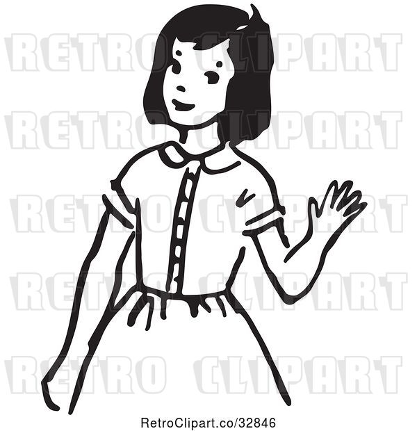 Vector Clip Art of Retro Cartoon Girl Waving