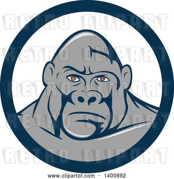 Vector Clip Art of Retro Cartoon Gorilla Face in a Blue and White Circle