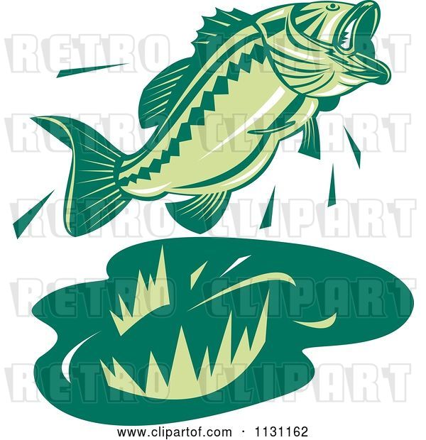 Vector Clip Art of Retro Cartoon Green Jumping Largemouth Bass Fish