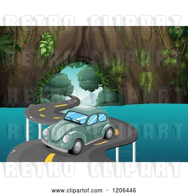 Vector Clip Art of Retro Cartoon Green Vw Bug Cat on a Curvy Road over Water