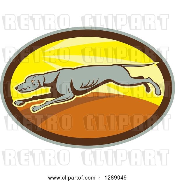 Vector Clip Art of Retro Cartoon Greyhound Dog Running in a Sunny Gray Brown and Yellow Oval
