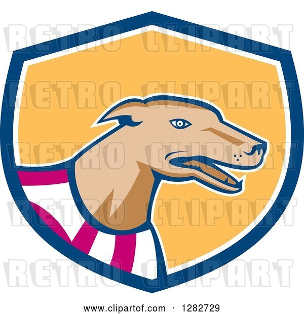 Vector Clip Art of Retro Cartoon Greyhound Dog Wearing a Racing Vest in a Blue White and Yellow Shield