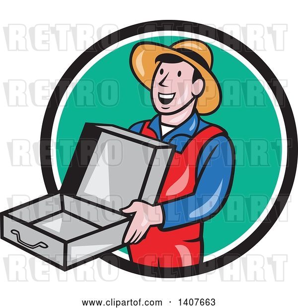 Vector Clip Art of Retro Cartoon Guy Wearing a Hat and Overalls, Smiling and Holding an Empty Open Suitcase