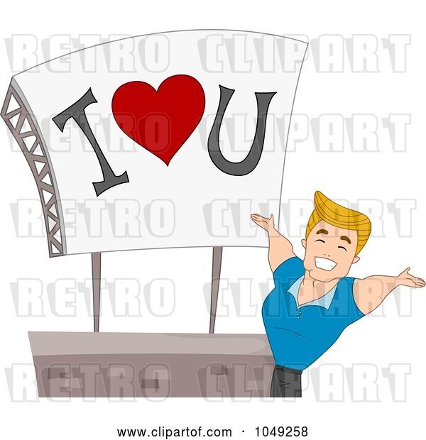 Vector Clip Art of Retro Cartoon Handsome Valentine Guy Presenting an I Love You Billboard