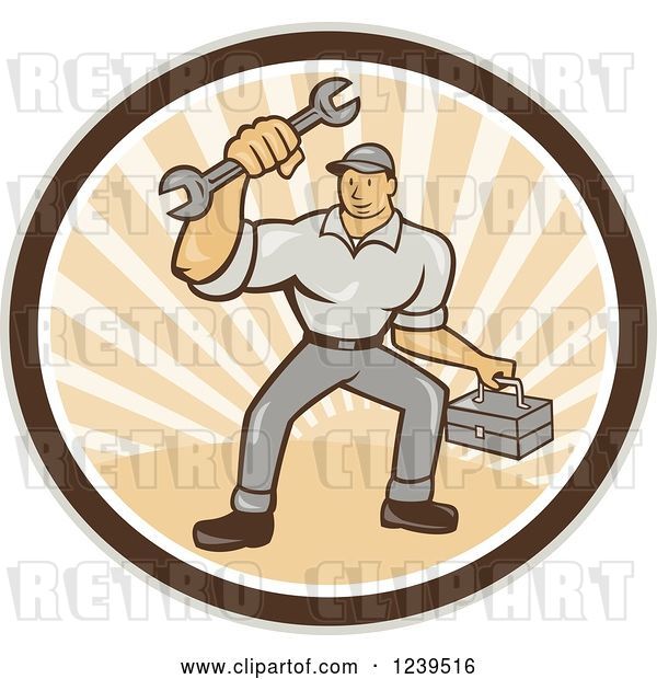 Vector Clip Art of Retro Cartoon Handy Guy with a Wrench and Tool Box in a Sunny Circle