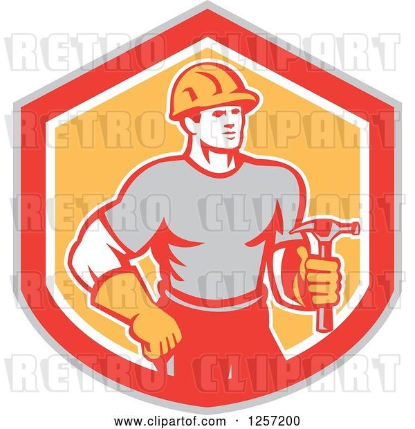 Vector Clip Art of Retro Cartoon Handyman or Carpenter with a Hammer in a Gray Red White and Orange Shield