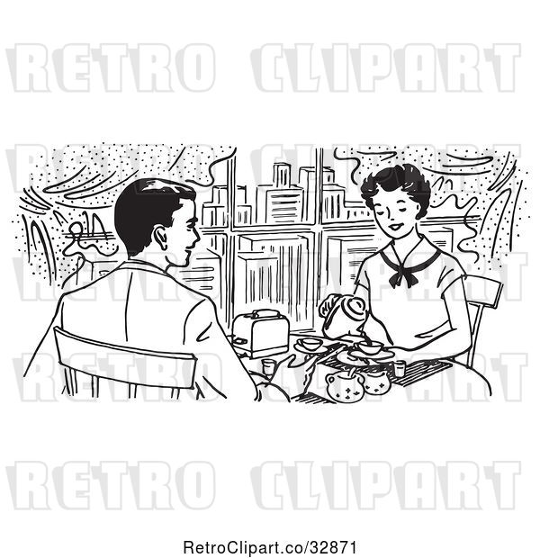 Vector Clip Art of Retro Cartoon Happy Couple Dining in a City Restaurant