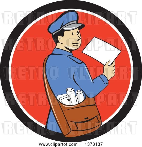 Vector Clip Art of Retro Cartoon Happy Mail Guy Holding an Envelope and Looking Back over His Shoulder in a Black White and Red Circle