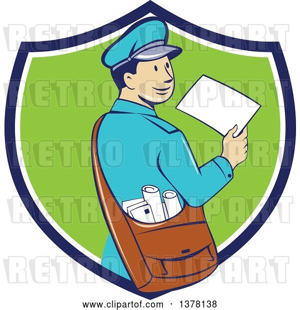 Vector Clip Art of Retro Cartoon Happy Mail Guy Holding an Envelope and Looking Back over His Shoulder in a Blue White and Green Shield