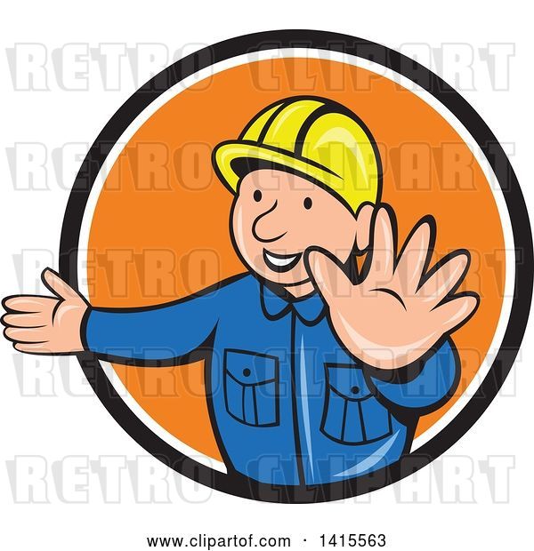 Vector Clip Art of Retro Cartoon Happy Male Builder Presenting and Gesturing to Stop in a Black White and Orange Circle