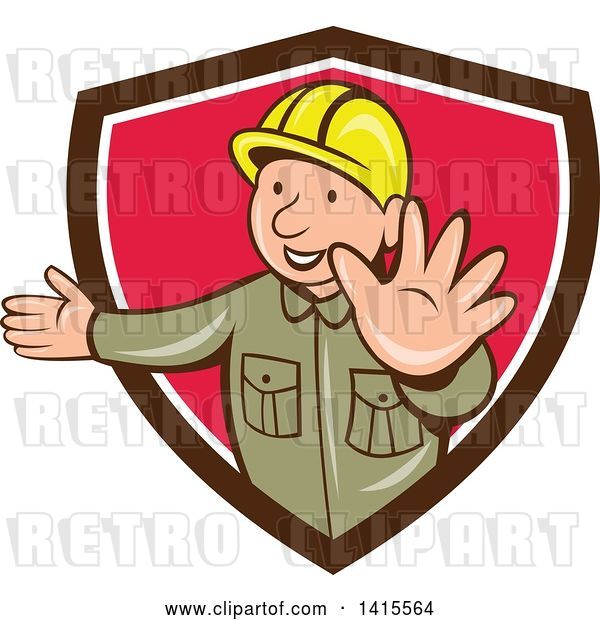 Vector Clip Art of Retro Cartoon Happy Male Builder Presenting and Gesturing to Stop in a Brown White and Pink Shield