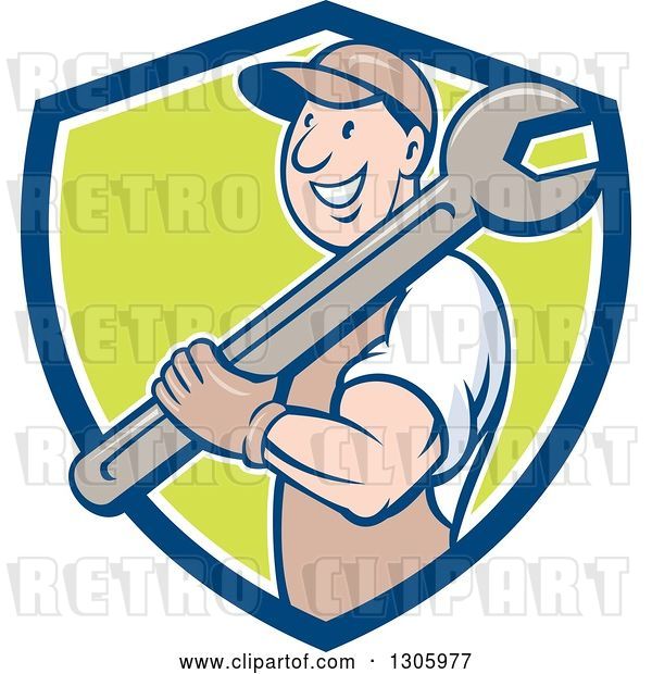 Vector Clip Art of Retro Cartoon Happy White Male Mechanic Holding a Giant Wrench over His Shoulder and Emerging from a Blue White and Green Shield