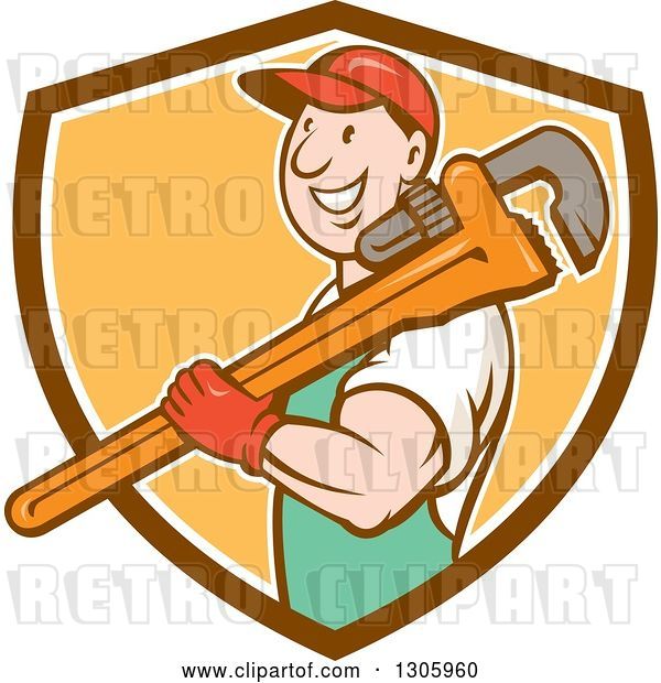 Vector Clip Art of Retro Cartoon Happy White Male Plumber Holding a Giant Monkey Wrench over His Shoulder and Emerging from a Brown White and Orange Shield