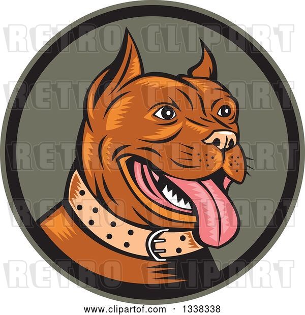 Vector Clip Art of Retro Cartoon Happy Woodcut Brown Pitbull Dog Panting in a Circle