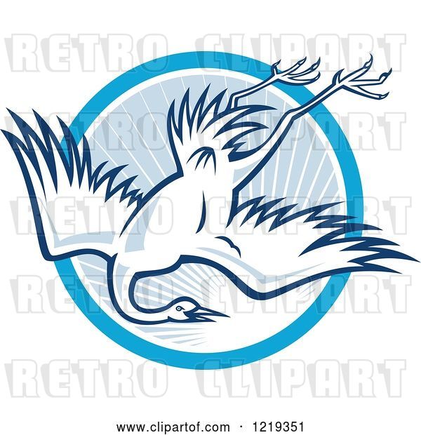 Vector Clip Art of Retro Cartoon Heron Diving over a Blue Sunny Circle